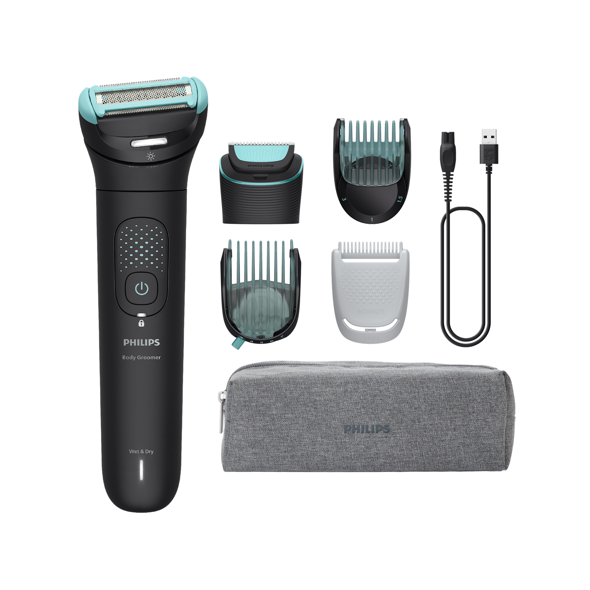 Philips body grooming kit with shaver, attachments, and case on a white background